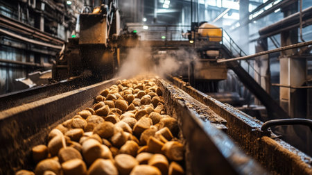 Industrial processing of sugar beets in a large plant, no people, copy spaceの素材