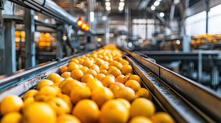 Inside a fruit processing plant with conveyor belts, no people, copy spaceの素材