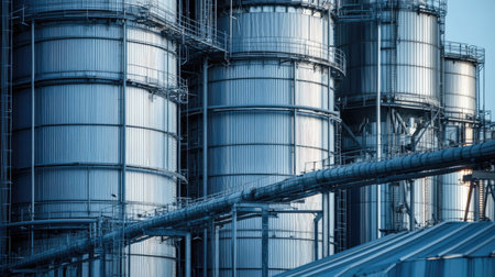 Close-up of grain silos at a processing plant with ample copy space and no peopleの素材