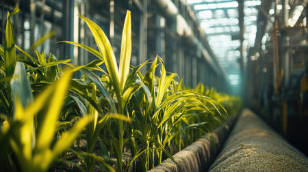 Industrial processing of sugarcane in a modern facility, no people, copy spaceの素材