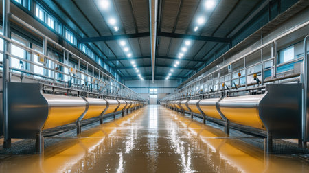 Inside a modern dairy farm with automated feeding systems, no people, copy spaceの素材