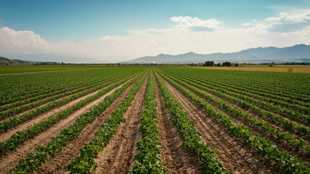 Automated irrigation system in a large crop field, no people, with copy space.の素材