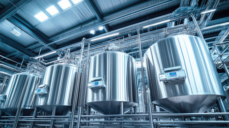 Industrial dairy processing plant with large stainless-steel tanks, copy spaceの素材