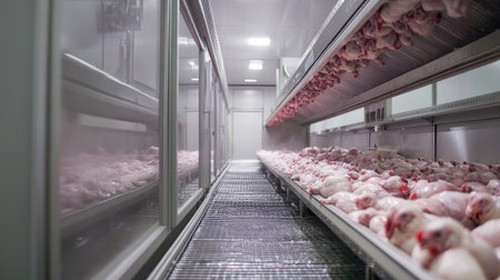 Inside a modern poultry processing plant, no people, and copy space availableの素材