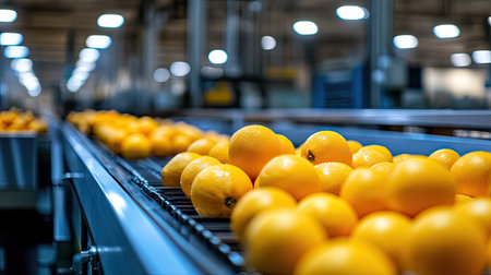 Inside a fruit processing plant with conveyor belts, no people, copy spaceの素材