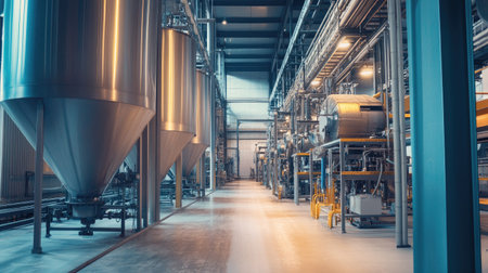 Inside a modern feed processing plant, large machinery, no people, copy spaceの素材