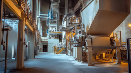 Inside a flour mill with processing machines running, no people, with text spaceの素材