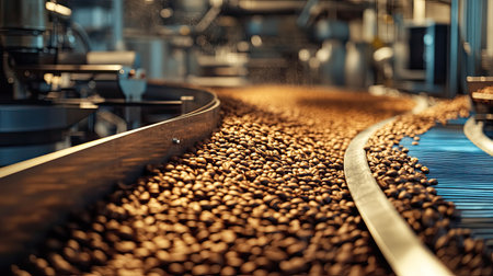 Automated processing of coffee beans in a factory, no people, and copy spaceの素材