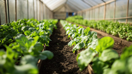 Greenhouse filled with growing crops and irrigation systems, ample copy spaceの素材