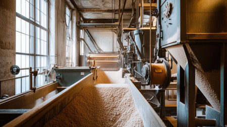 Inside a flour mill with processing machines running, no people, with text spaceの素材