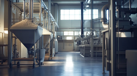 Inside a flour mill with processing machines running, no people, with text spaceの素材