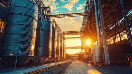 Agricultural processing plant with large steel tanks, no people, and copy spaceの素材