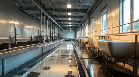 Inside a modern dairy farm with automated feeding systems, no people, copy spaceの素材