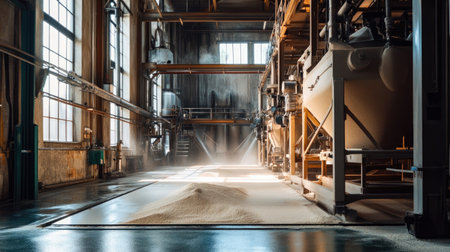 Inside a flour mill with processing machines running, no people, with text spaceの素材