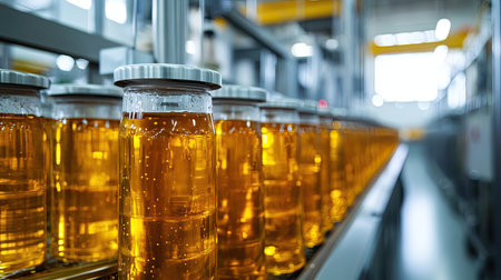 Industrial honey processing machines in a factory, no people, with copy spaceの素材