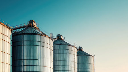 Large silos storing harvested grains, no people, with ample copy space.の素材