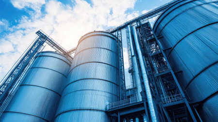 Large grain silos at an agricultural processing plant, no people, copy spaceの素材