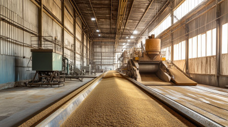 Inside an agricultural processing facility with large machines, no people, copy spaceの素材