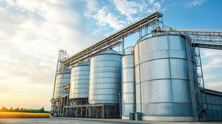 Large grain silos at an agricultural processing plant, no people, copy spaceの素材