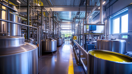 Modern olive oil processing plant with industrial equipment, no people, copy spaceの素材