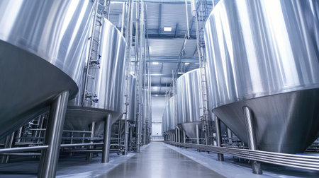 Large tanks at a modern dairy processing plant, no people, and space for textの素材