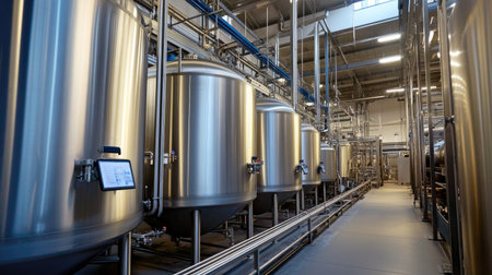 Large tanks at a modern dairy processing plant, no people, and space for textの素材