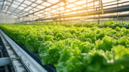Modern vertical farm with automated watering systems, no people, and copy spaceの素材