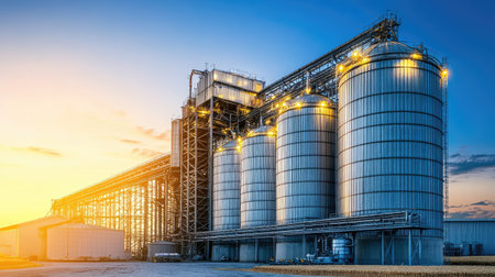 Large silos storing harvested grains, no people, with ample copy space.の素材