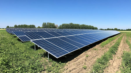 Solar panels powering an agricultural farm with clear skies, no people, copy spaceの素材