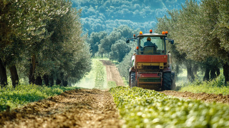 Olive trees during harvest with modern machinery, no people, and copy spaceの素材