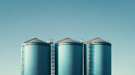 Modern grain silos at an agricultural processing plant, no people, and space for textの素材
