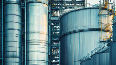 Large grain silos at an agricultural processing plant, no people, copy spaceの素材