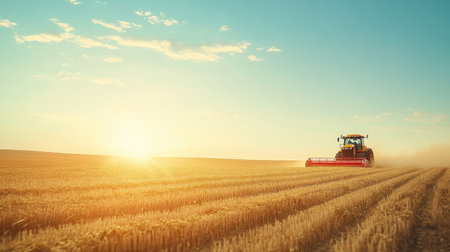 Modern agricultural machinery harvesting crops in a vast field with clear skies and copy spaceの素材