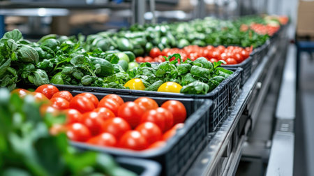 Rows of fresh produce being processed in a food factory, no people, copy spaceの素材