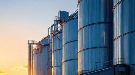 Modern grain silos at an agricultural processing plant, no people, and space for textの素材