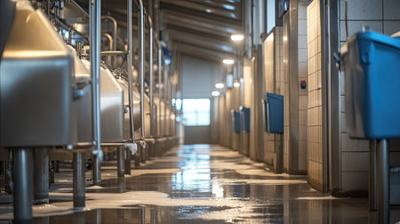 Modern dairy farm facility with milking machines, no people, ample text spaceの素材