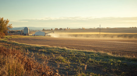 Large farm with irrigation systems running, no people, with ample space for textの素材