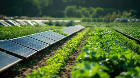 Rows of solar-powered irrigation systems in a large farm, no people, text spaceの素材
