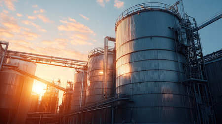 Large grain silos at an agricultural processing plant, no people, copy spaceの素材