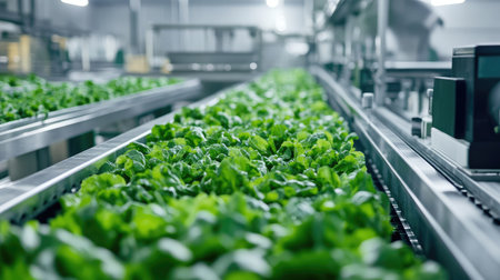Modern vegetable processing plant with automated conveyor belts, no people, copy spaceの素材