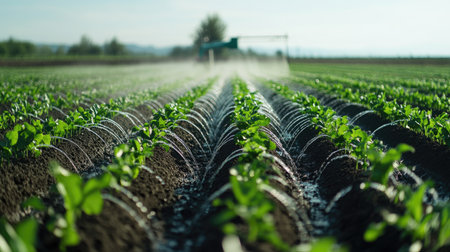 Rows of crops being irrigated in a large farm, no people, with ample copy spaceの素材