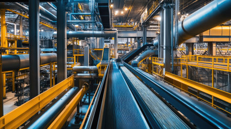 Modern grain processing plant with conveyor systems, no people, and copy spaceの素材