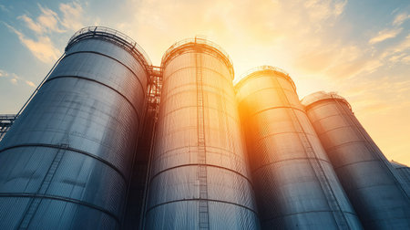 Modern grain silos at an agricultural processing plant, no people, and space for textの素材