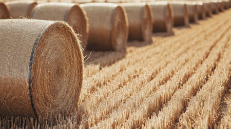 Rows of hay bales on a freshly harvested field, no people, and text spaceの素材