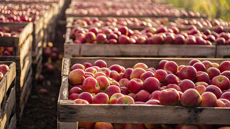 Rows of crates filled with harvested apples, no people, and ample copy spaceの素材