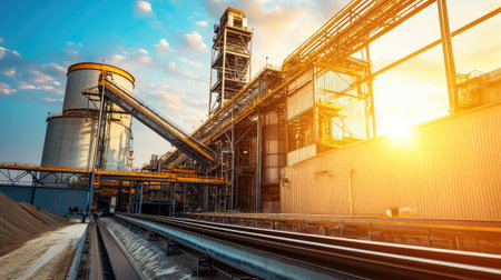 Modern grain processing plant with conveyor systems, no people, and copy spaceの素材