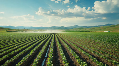 Modern irrigation systems in a large field of crops, no people, and copy spaceの素材