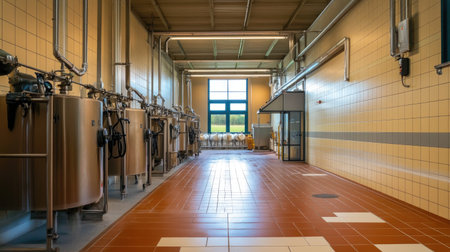 Modern dairy farm facility with milking machines, no people, ample text spaceの素材