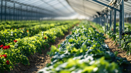 Rows of solar-powered irrigation systems in a large farm, no people, text spaceの素材