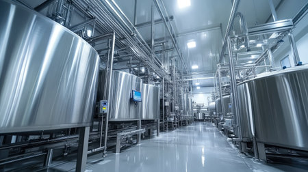 Large tanks at a modern dairy processing plant, no people, and space for textの素材